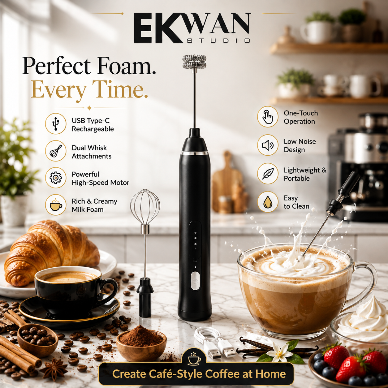 EKWAN Studio Rechargeable Electric Milk Frother – USB-C Coffee Frother with Dual Whisks