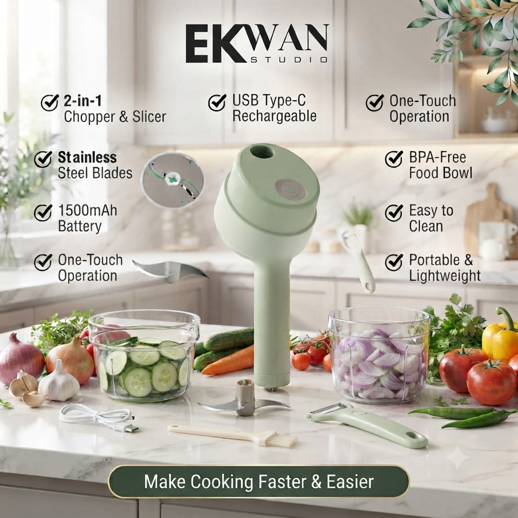 EKWAN Studio Wireless Electric Food Chopper & Slicer – 2-in-1 USB Rechargeable Mini Food Processor with Stainless Steel Blades, BPA-Free Bowl for Vegetables, Fruits & Garlic