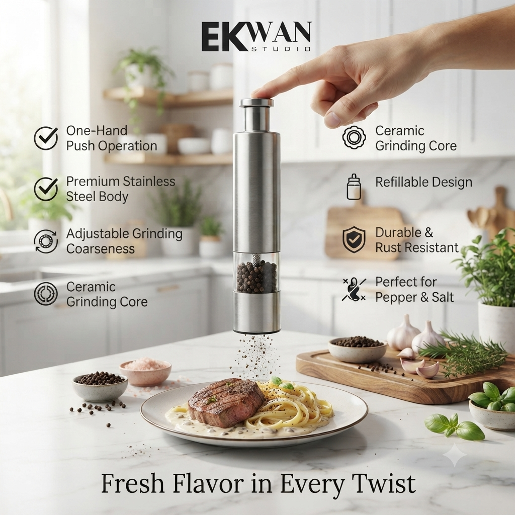 EKWAN Studio Premium Stainless Steel Salt & Pepper Grinder – One-Hand Push Refillable Spice Mill with Adjustable Ceramic Grinding Core for Salt, Pepper & Spices