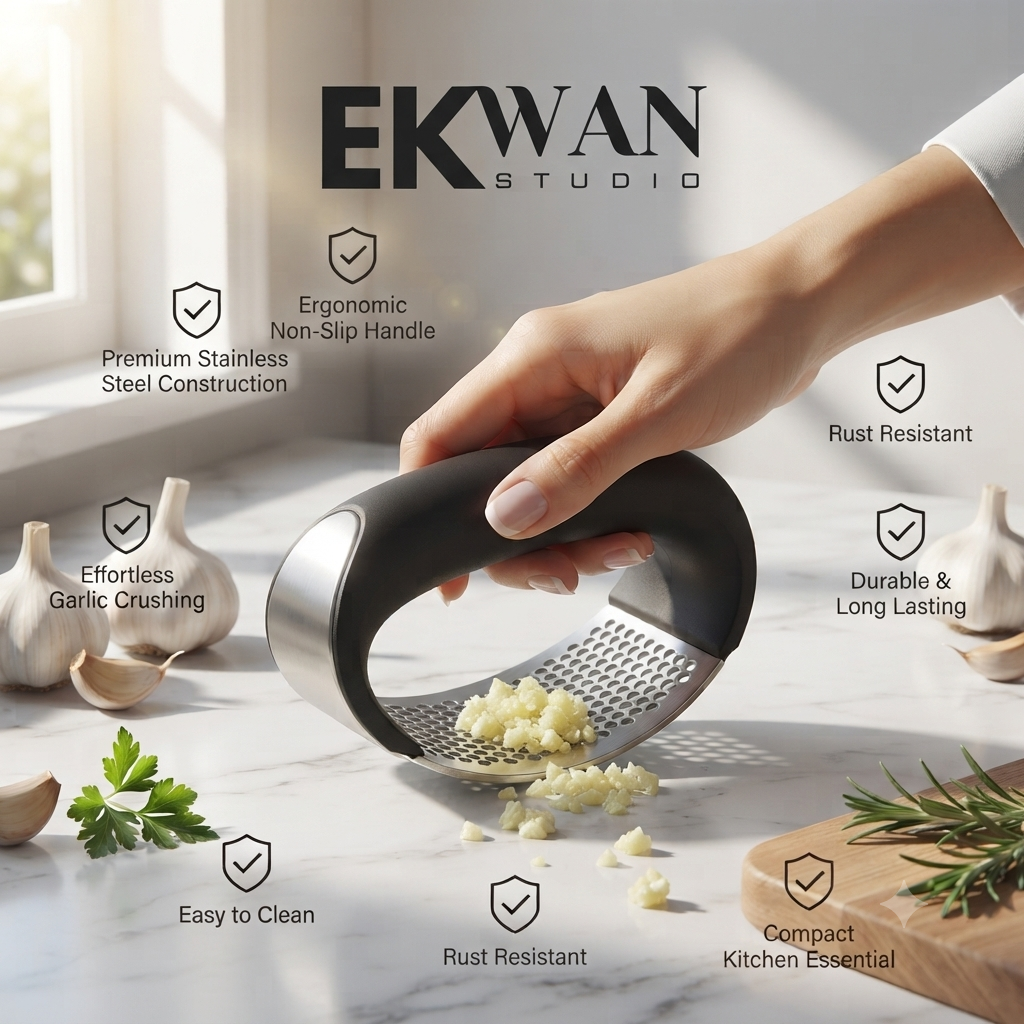 EKWAN Studio Stainless Steel Garlic Press Rocker – Heavy Duty Garlic Crusher & Mincer, Ergonomic Handle, Easy to Clean Kitchen Tool for Home Cooking